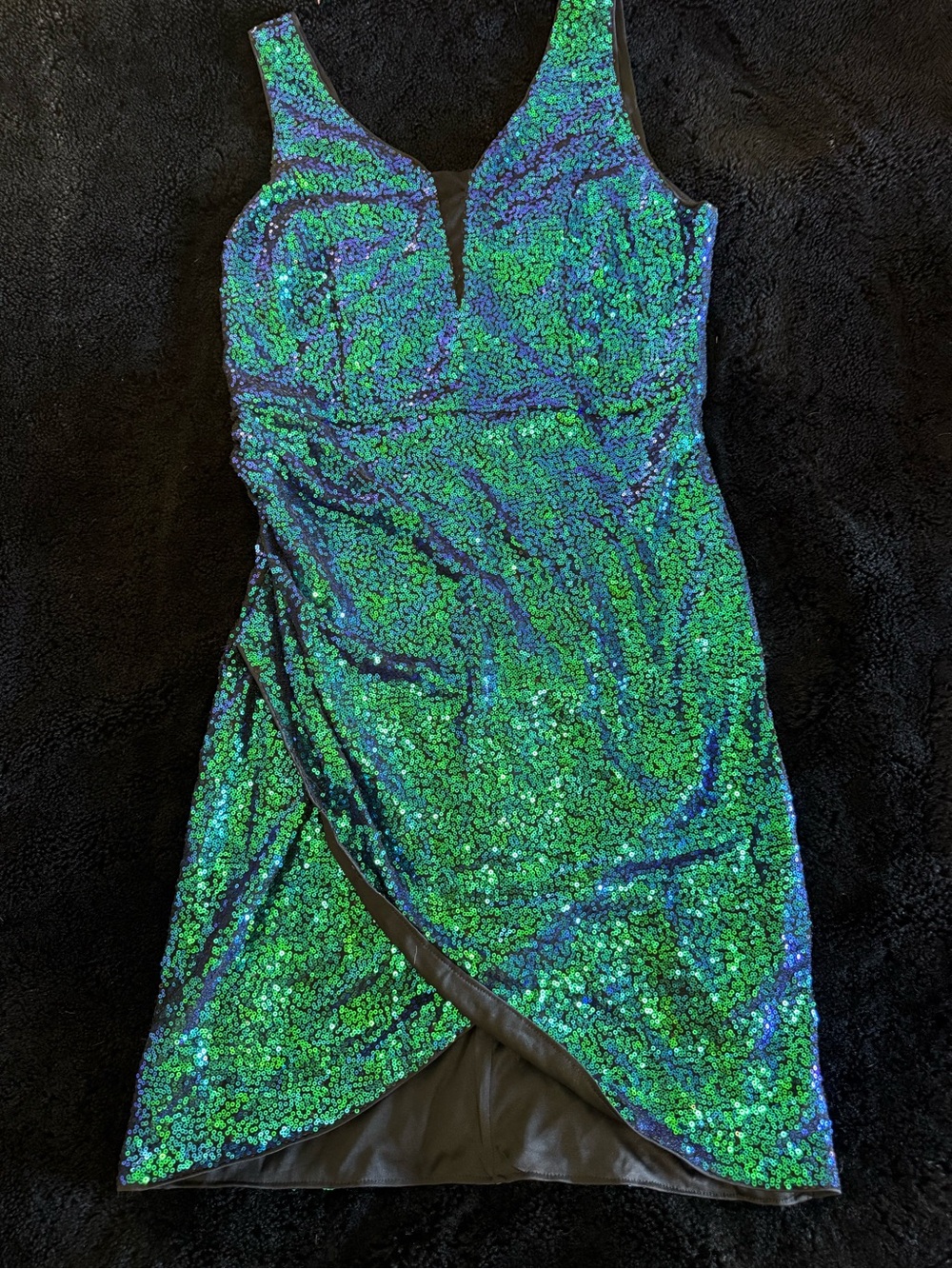 Grace Karin Iridescent Green-Blue Sequin V-Neck Mini Dress
